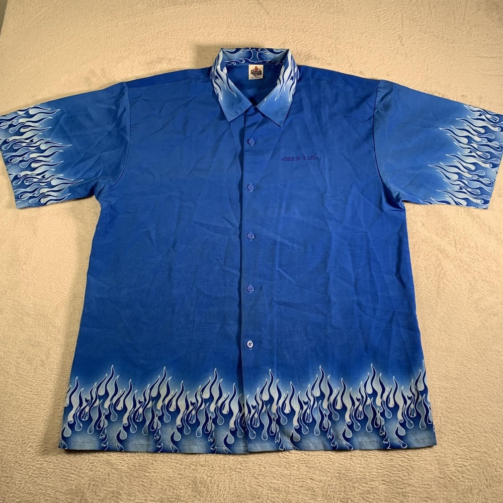 House Of Blues Shirt Mens 2XL Blue Flame Bowling Button Front Camp Retro XXL